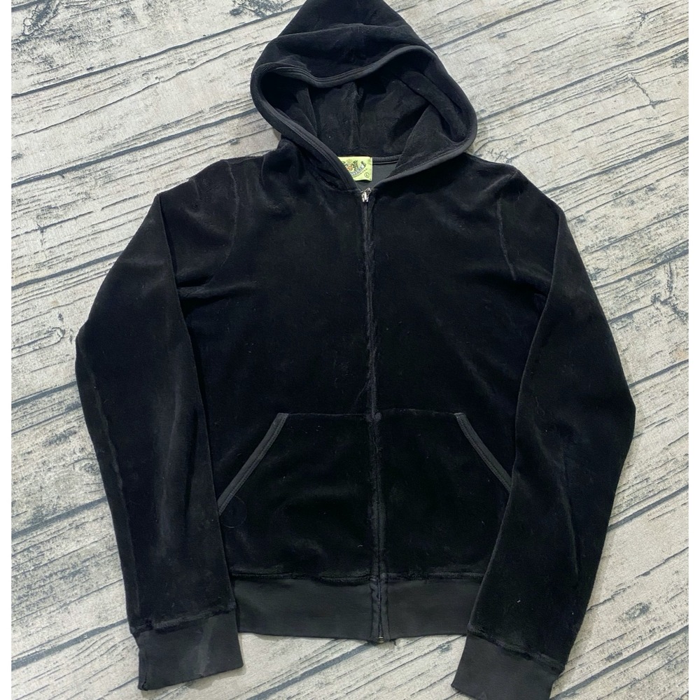 Y2K Juicy Couture L Terry Cloth Zip Hoodie in Black Vtg Jacket Sweatshirt 10484